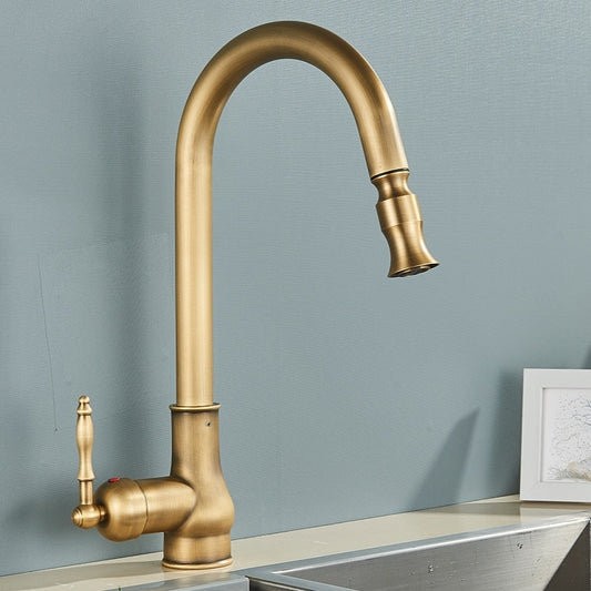 Single Hole antique style brushed gold kitchen faucet with pull down sprayer