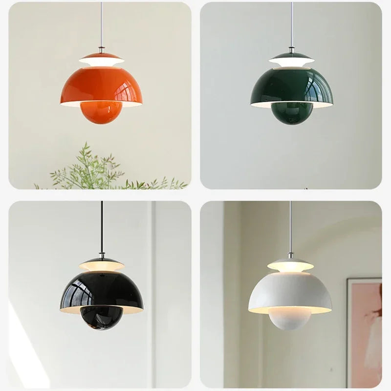 modern scandinavian pendant lights shown in orange, dark green, black and white finishes