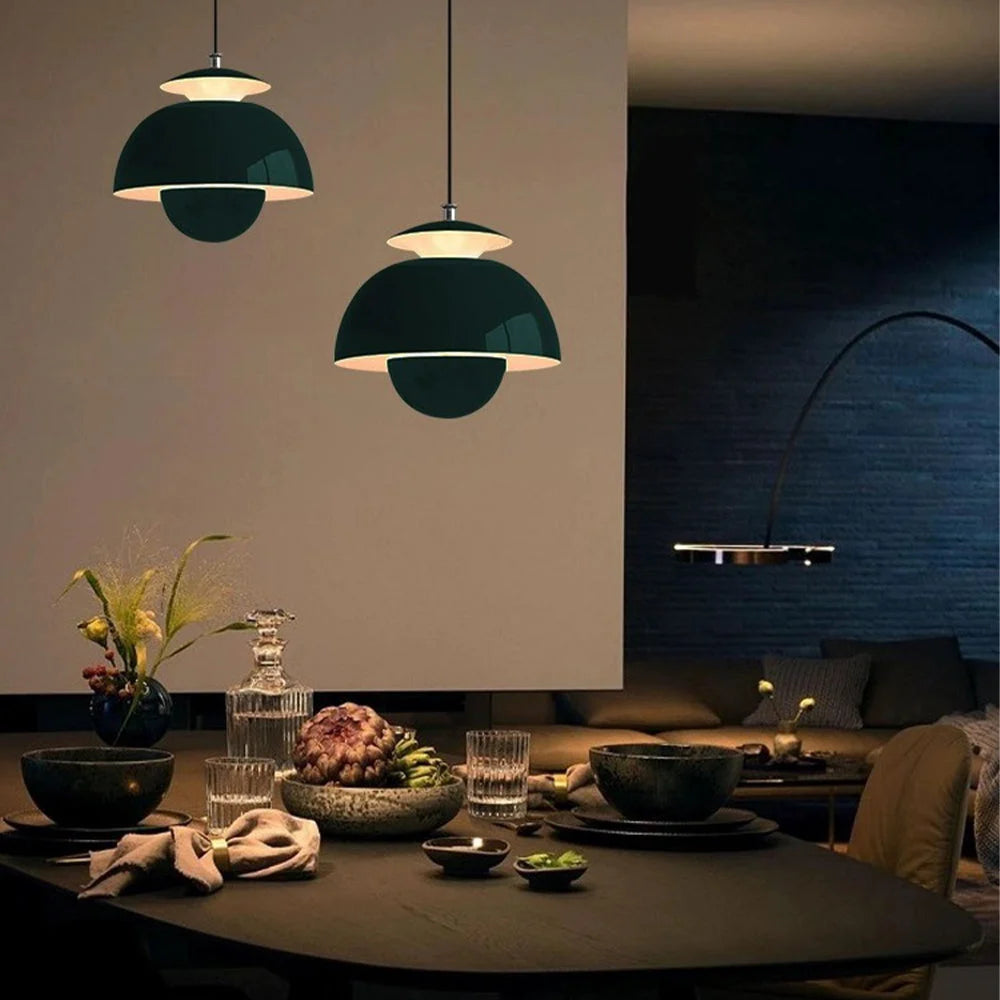 modern scandinavian pendant lighting shown over a dining table