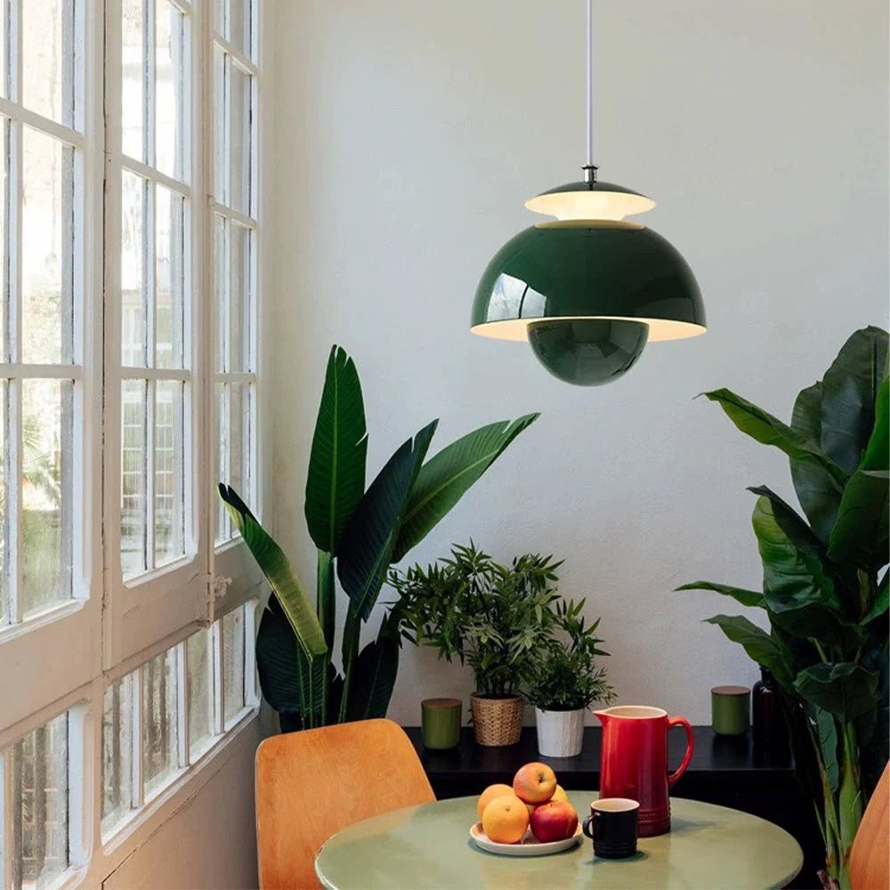Modern scandinavian flowerpot light shown over a kitchen table