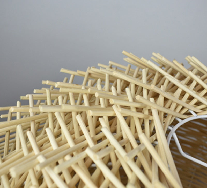Details of the weaving of Hand Woven Rattan birds nest hanging pendant light in natural