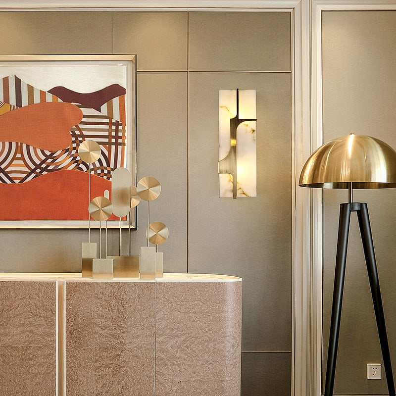 marbled glass wall sconce shown in living room
