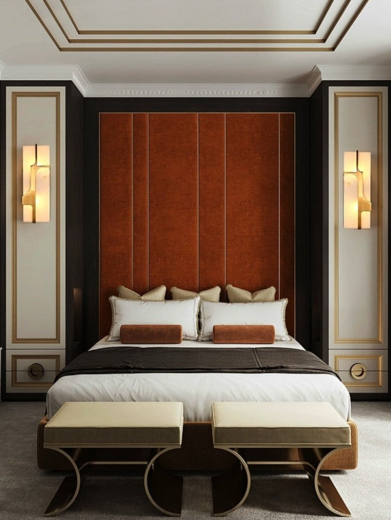 pair of Marbled glass rectangular wall sconces shown hung in a bedroom