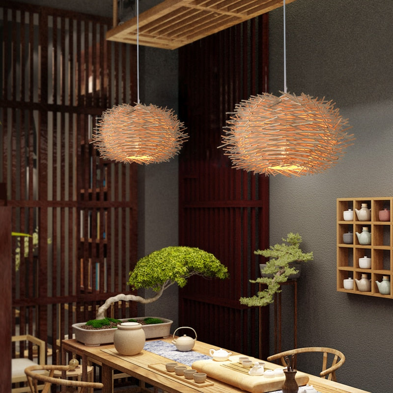 Hand Woven Rattan birds nest hanging pendant light in natural - small
