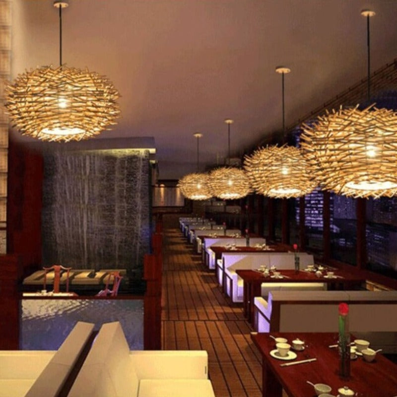 Hand Woven Rattan birds nest hanging pendant light in natural