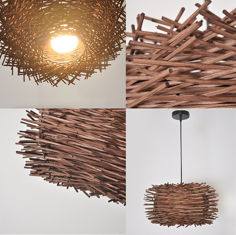 details of Hand Woven Rattan birds nest hanging pendant light in nutmeg color