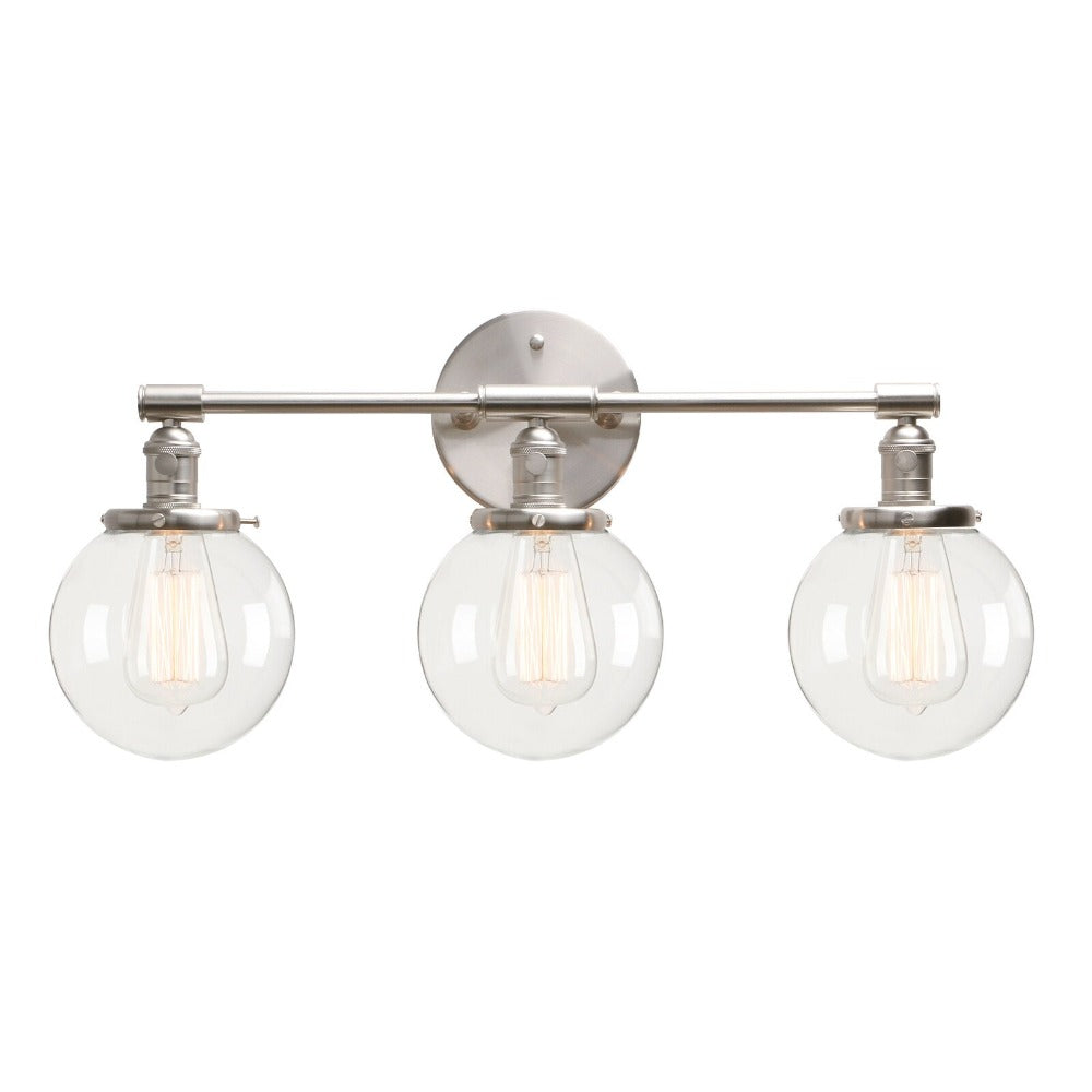 Three Light Bathroom Vanity Lighting with Clear Glass Globes shown in brushed nickel