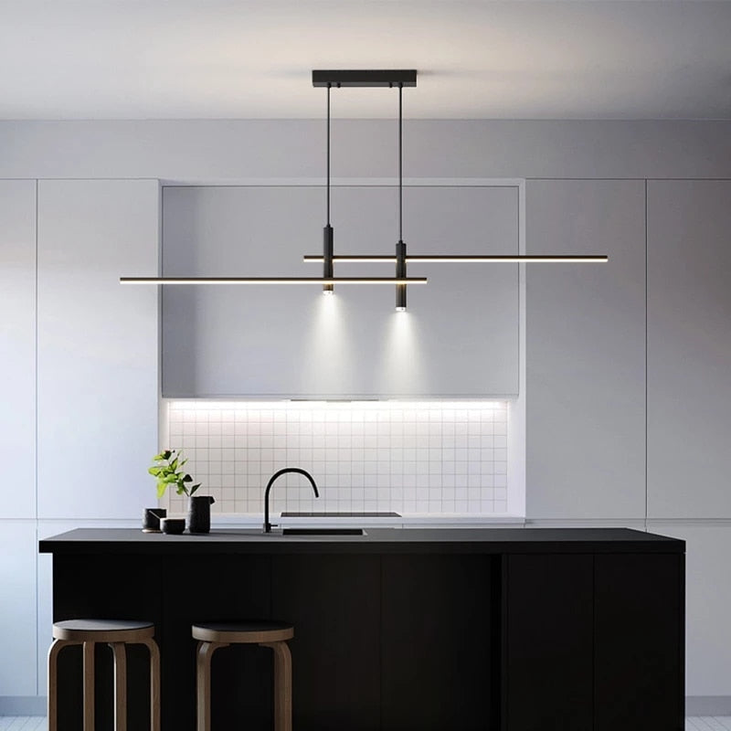 Modern Hanging Horizontal Light 47 inches wide with two spotlights, black aluminum Frame shown illuminating a modern kitchen island