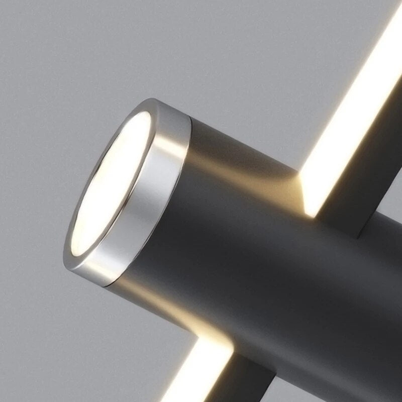 Close up of design details of the spotlight on a Modern Hanging Horizontal Light with two spotlights, 47 inches wide, black aluminum Frame
