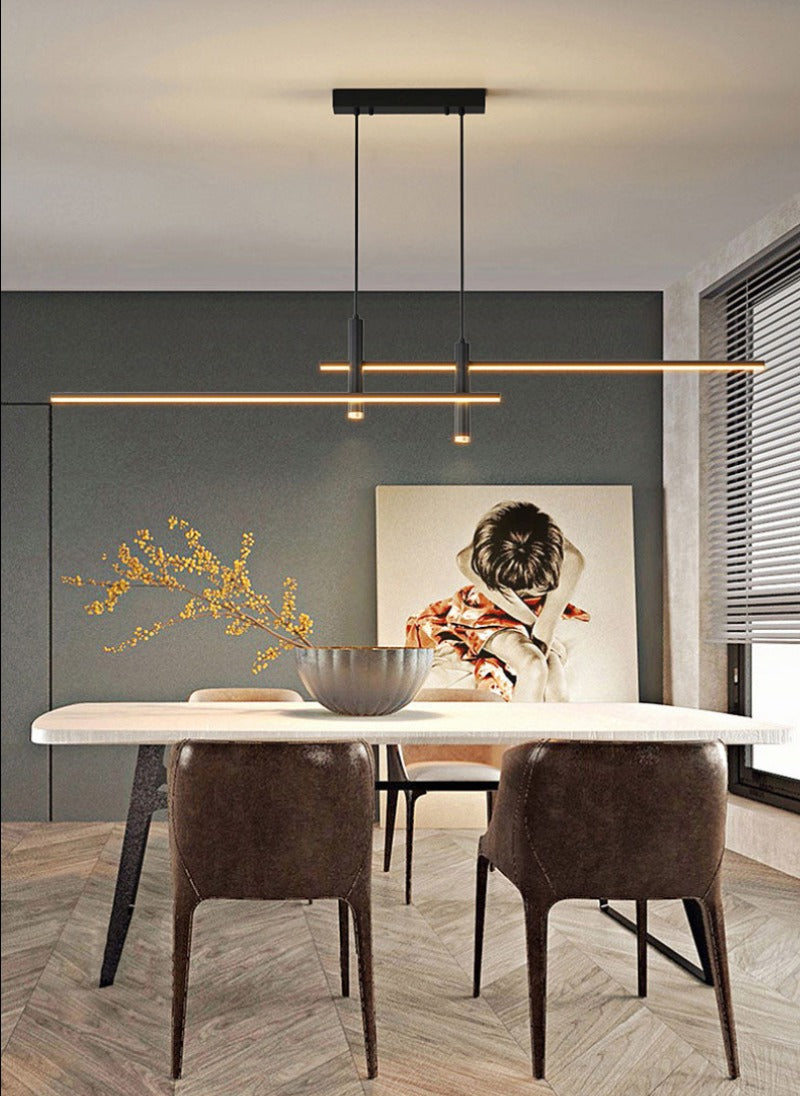 Modern Hanging Horizontal Light with two spotlights, 47 inches wide, black aluminum Frame shown illuminating a modern dining table