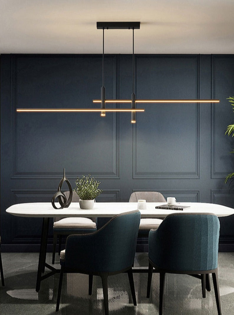 Modern Hanging Horizontal Light with two spotlights, 47 inches wide, black aluminum Frame shown illuminating a modern dining table