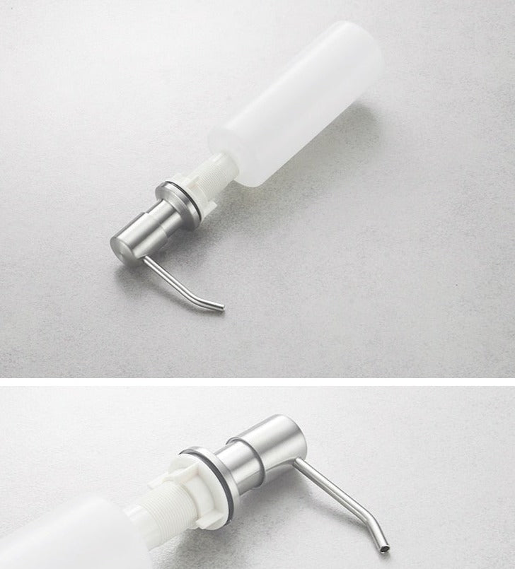 Kitchen sink mounted liquid soap dispenser in brushed nickel
