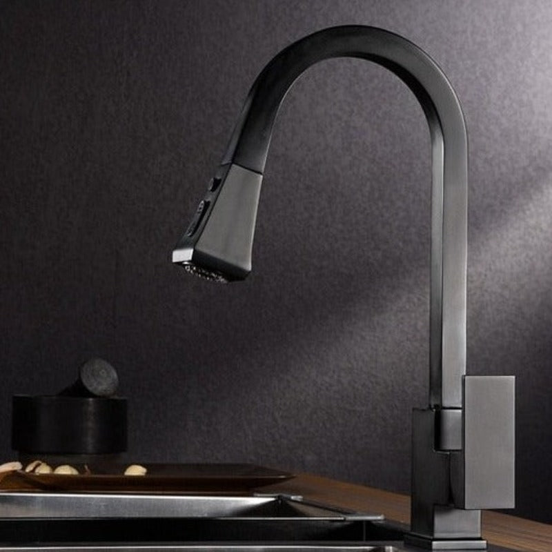 Square Kitchen Faucet with pull down sprayer in matte black finish, single hole, single handle