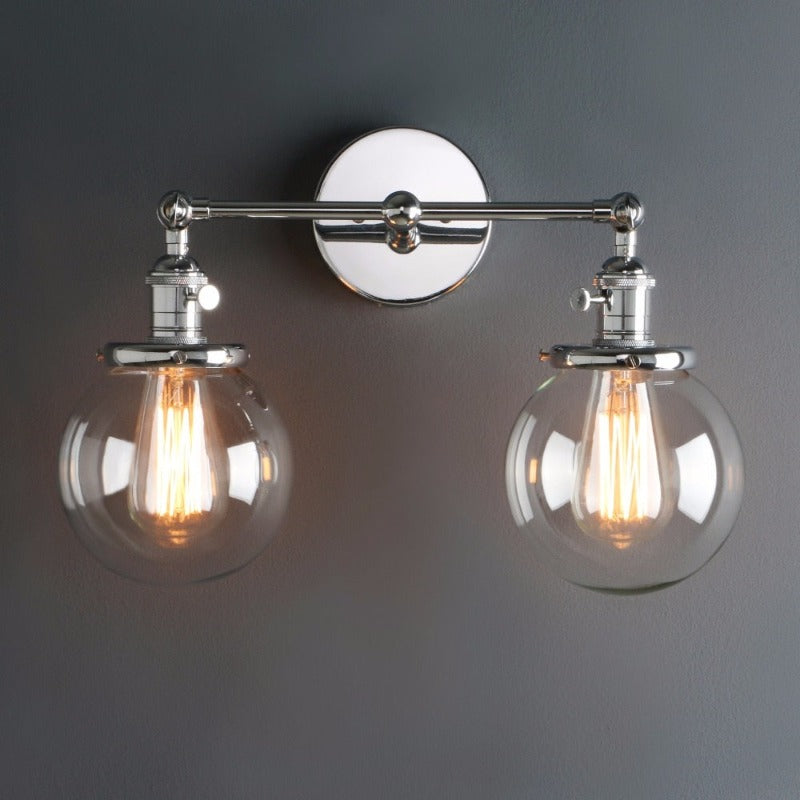 vintage style farmhouse Style Double Globe Wall Sconce shown in polished chrome finish  with Edison Bulbs