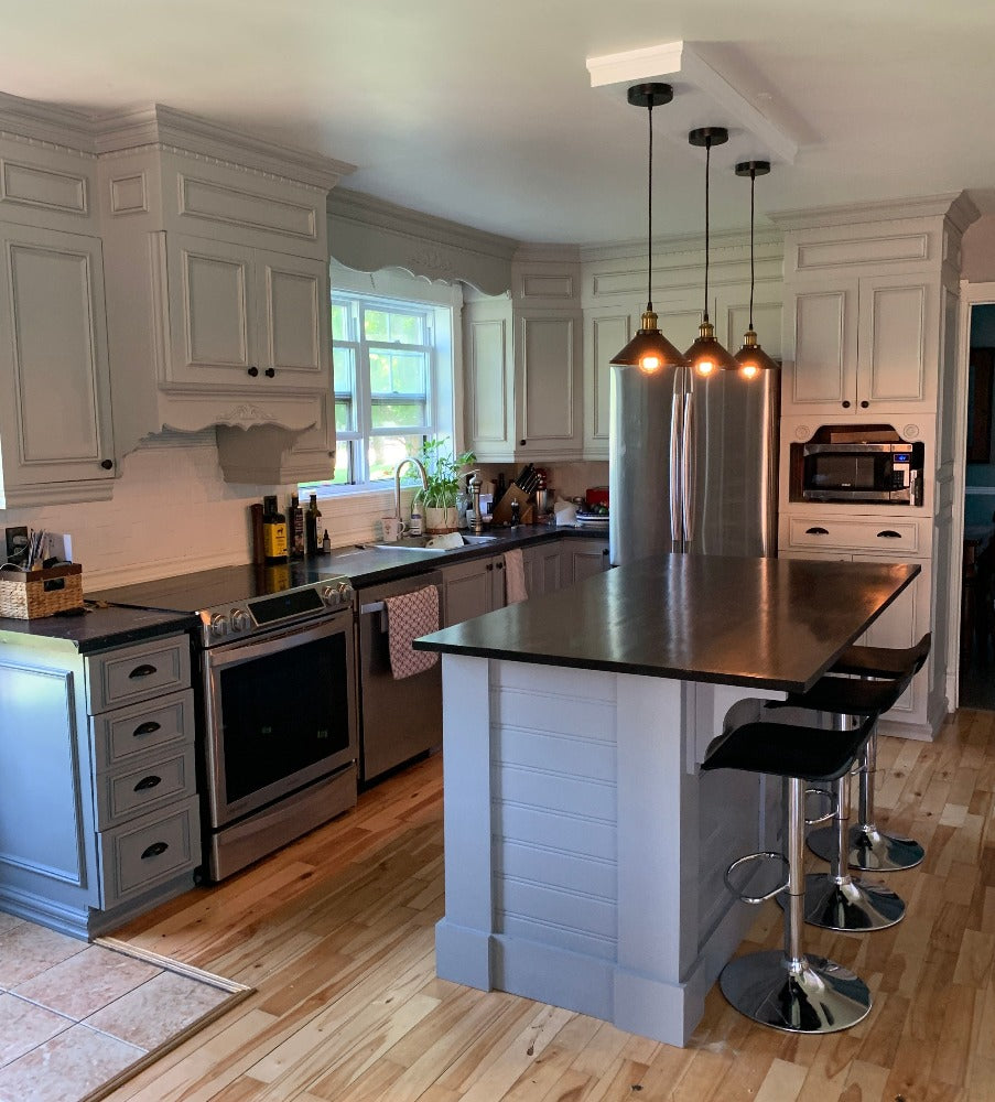 Black Retro hanging pendant cafe lighting with edison bulb over kitchen island