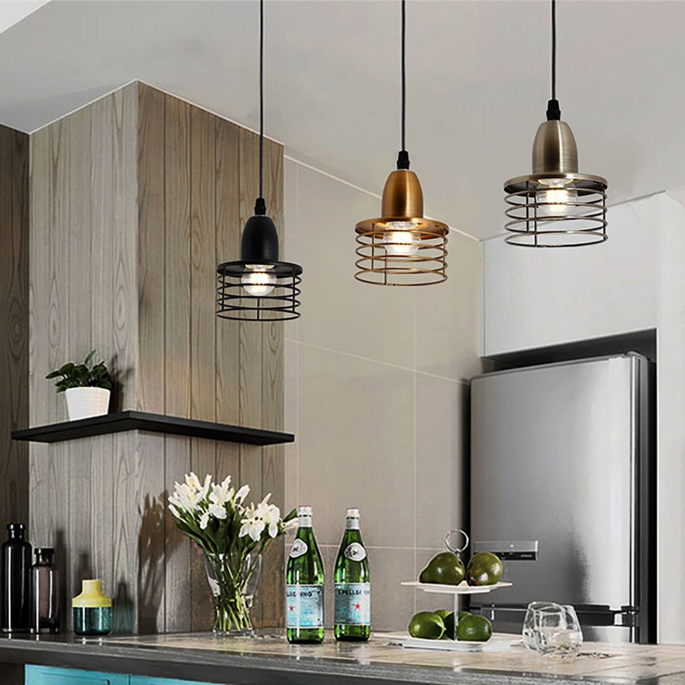 Kitchen Island hanging pendant lights caged industrial spotlights