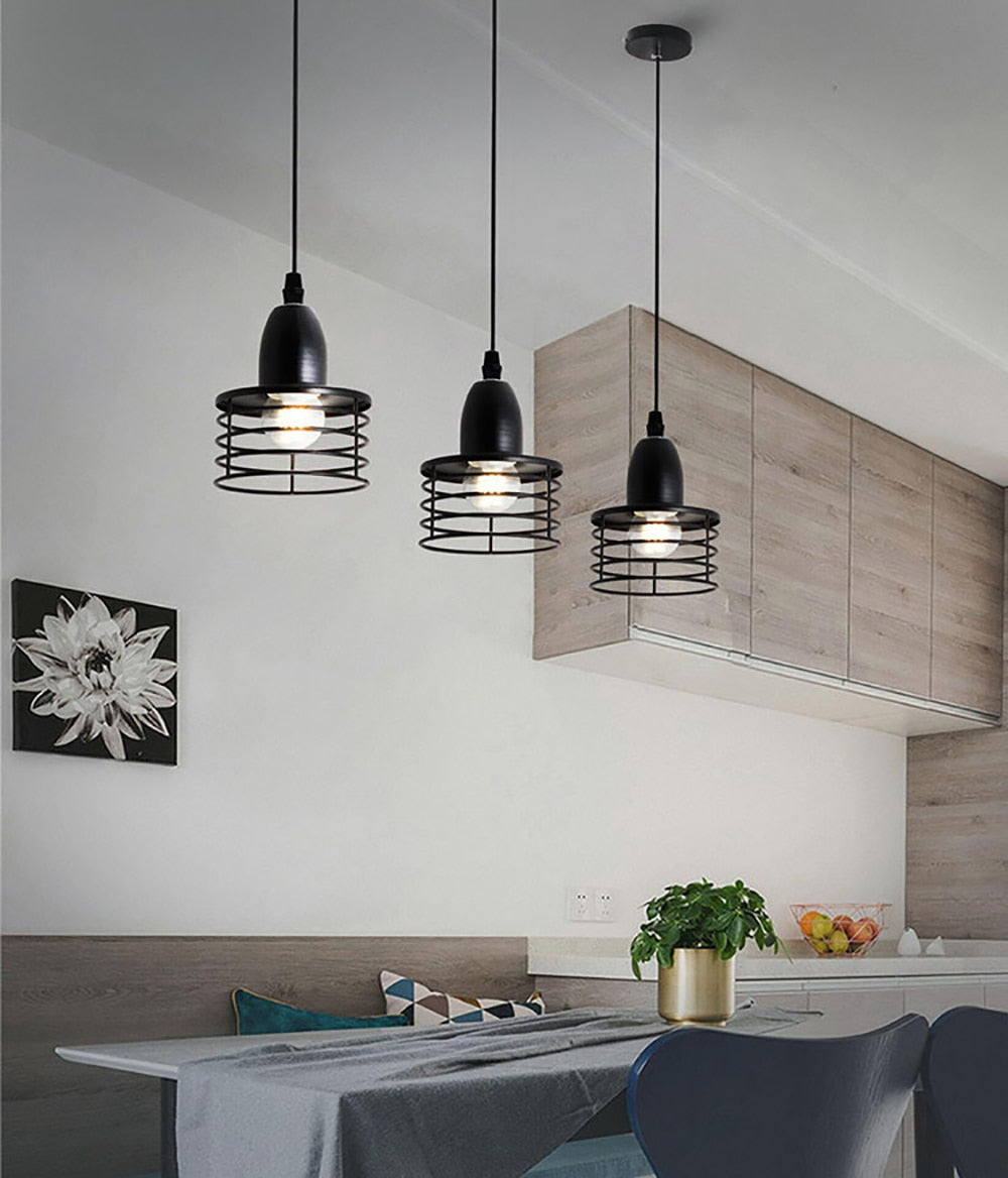 Industrial Caged Kitchen Island Lights in Black