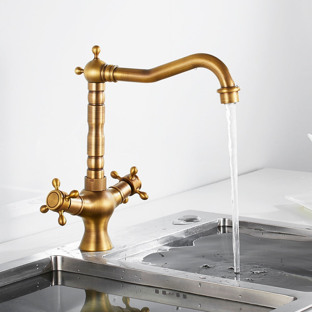 Antique Brass Kitchen Faucet with Cross Handles – NMC Decor