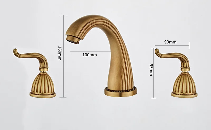 Elegant antique gold three hole deck mounted bathroom faucet dimensions