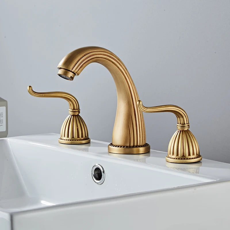 Elegant antique gold three hole deck mounted bathroom faucet