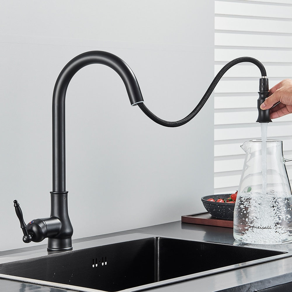 Single Hole antique style black kitchen faucet with pull down sprayer 