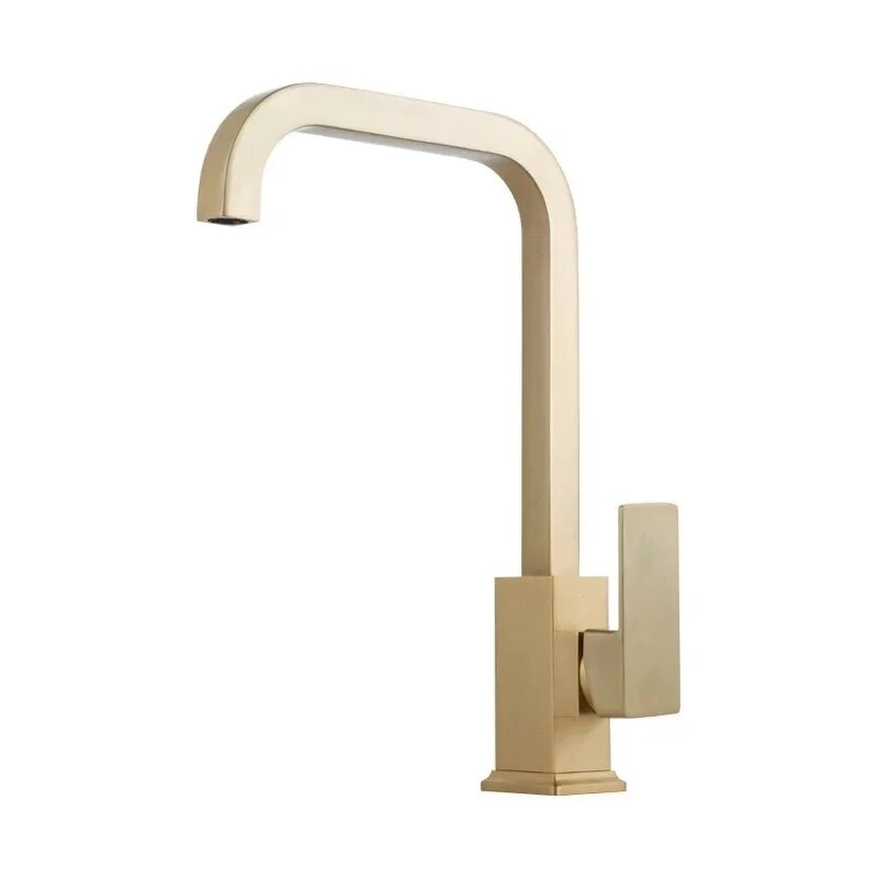 Arvo minimalist modern kitchen faucet with square base shown in brushed gold finish