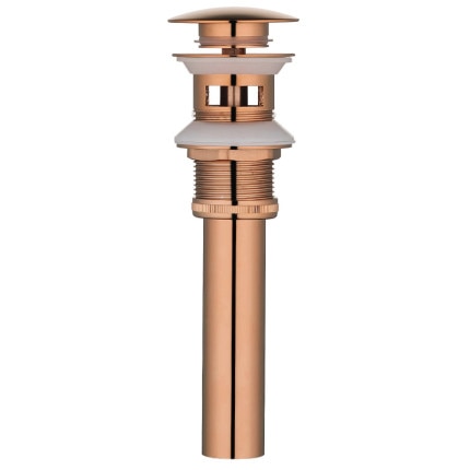 Bathroom sink pop up drain in rose gold with overflow. Press drain down to close, press drain down to pop up