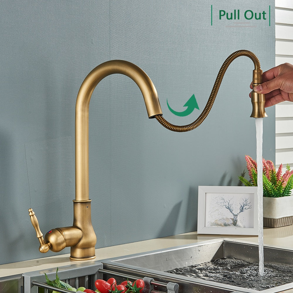 Single Hole antique style brushed gold kitchen faucet with pull down sprayer 