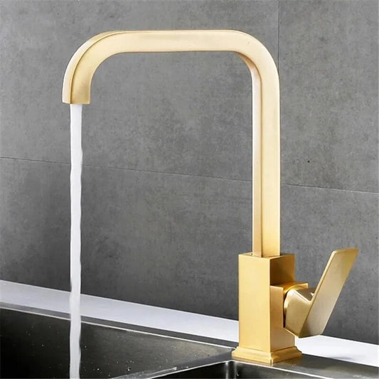 Arvo minimalisit kitchen faucet with square base shown in brushed gold finish
