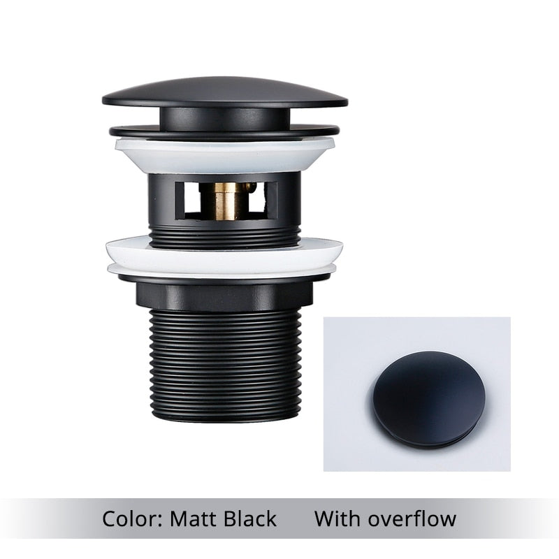 Pop Up Bathroom Sink Drain in matte black with overflow