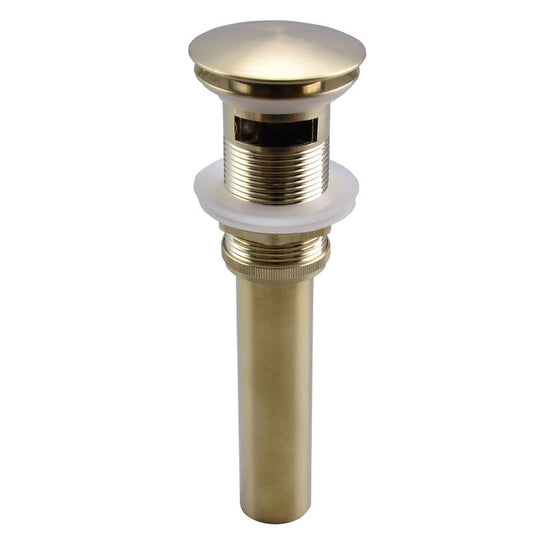 Bathroom sink pop up drain in brushed gold with overflow. Press drain down to close, press drain down to pop up