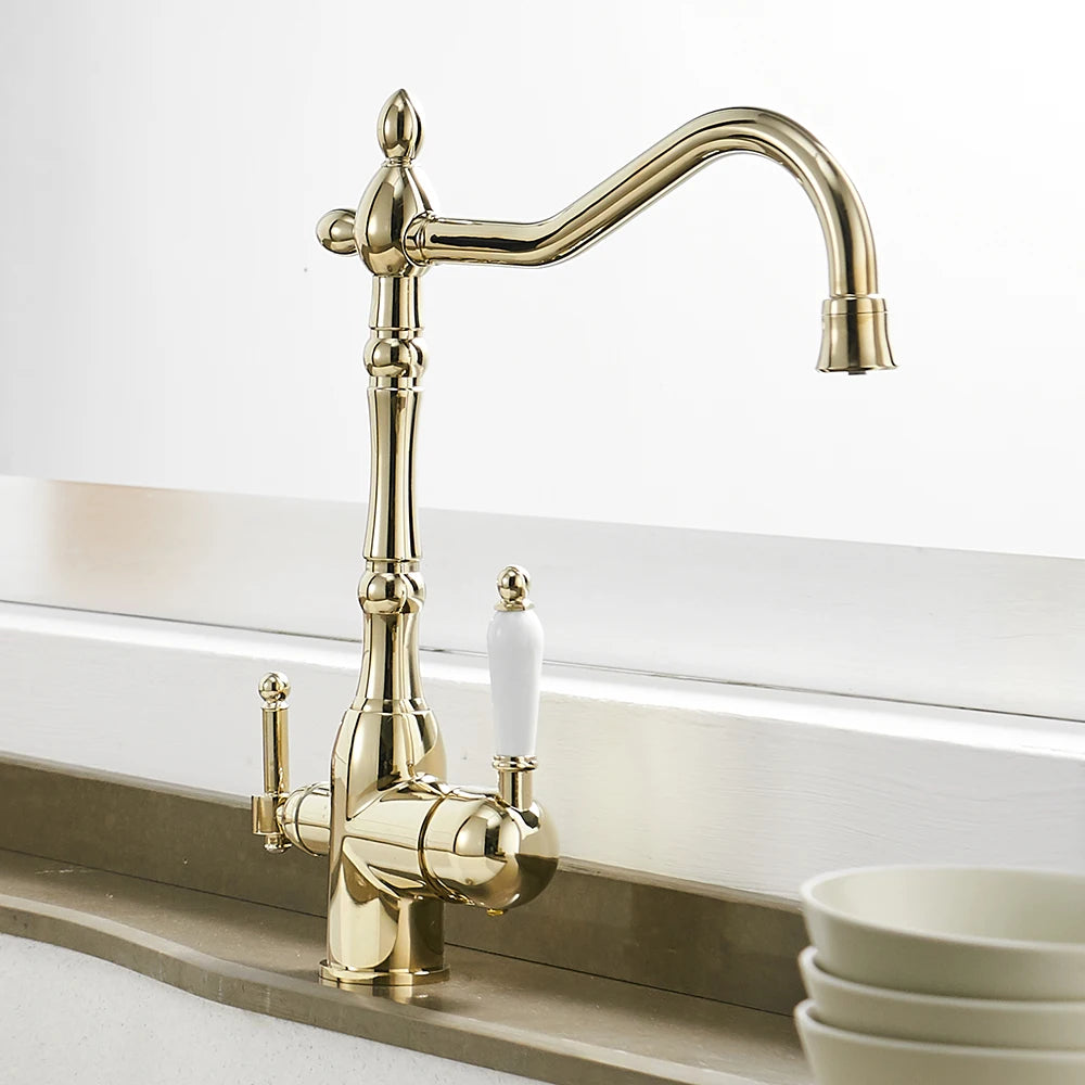 Antique style kitchen faucet with built in water filter spout shown in profile