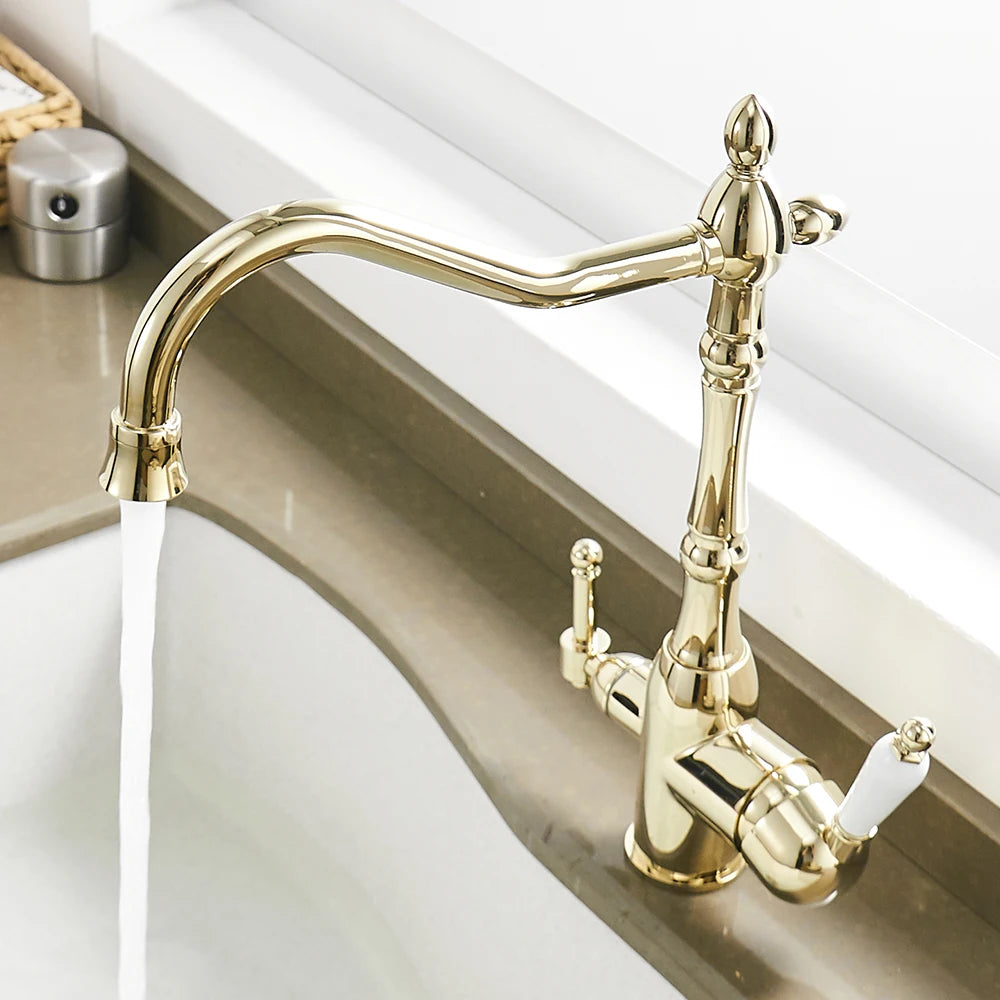 Antique style kitchen faucet with built in water filter spout shown from above 