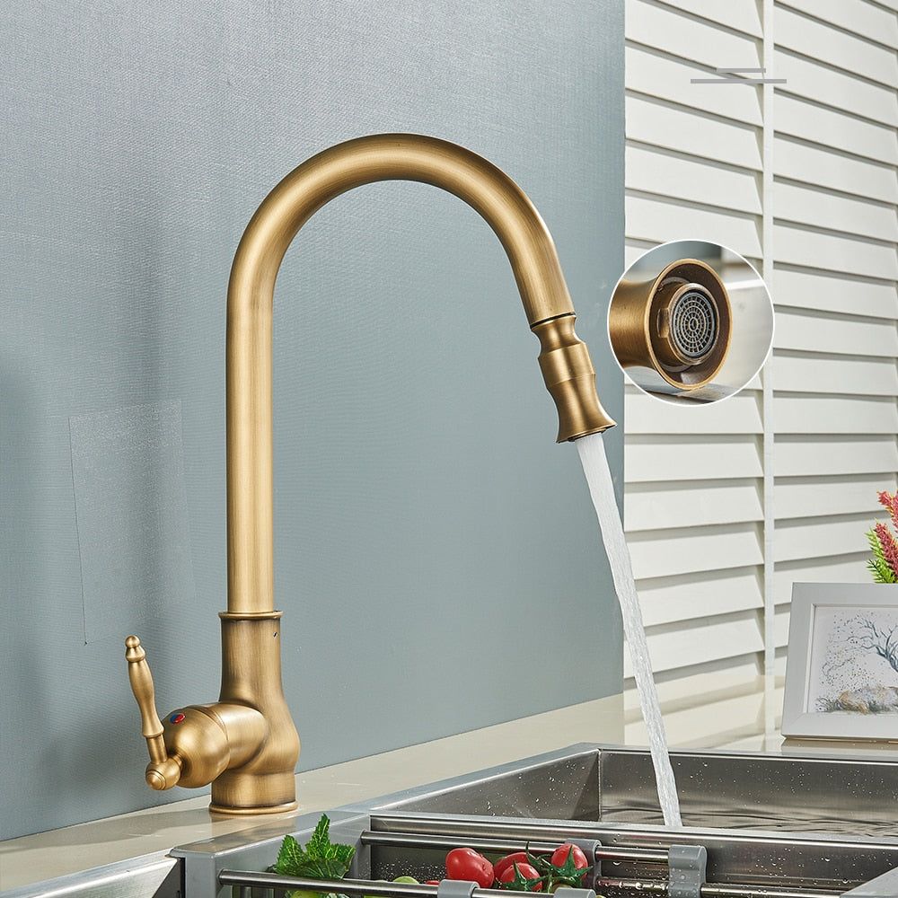 Antique Brass Kitchen Faucet with Pull Out Sprayer – NMC Decor