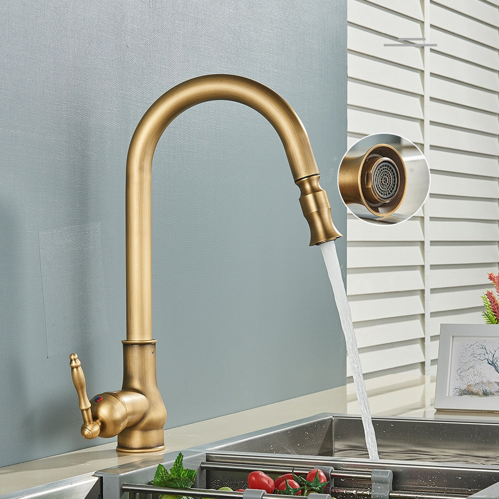 Single Hole antique style gold kitchen faucet with pull down sprayer 
