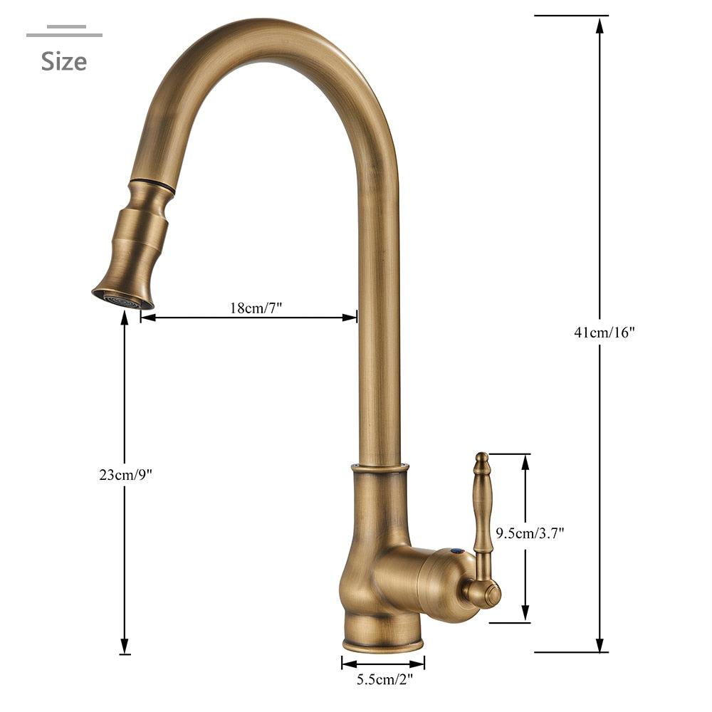 Dimensions of Single Hole antique style gold kitchen faucet with pull down sprayer 