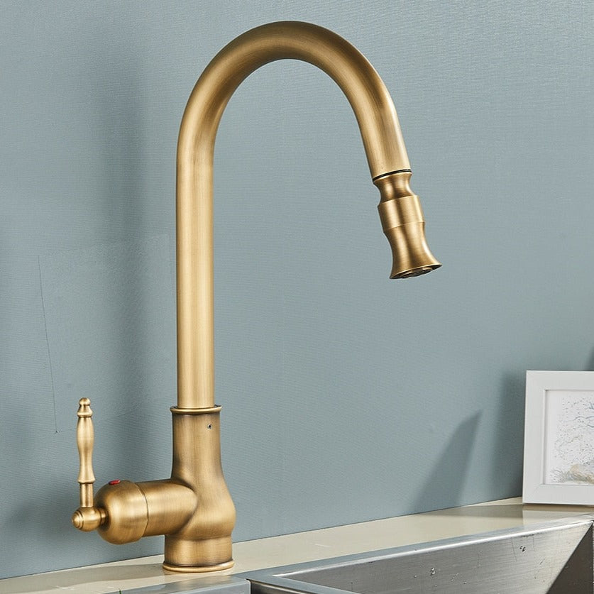 Single Hole antique style brushed gold kitchen faucet with pull down sprayer 