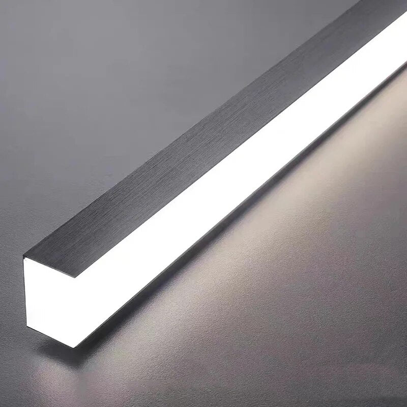 Close up view of aluminum frame of Modern Minimalist linear light chandelier