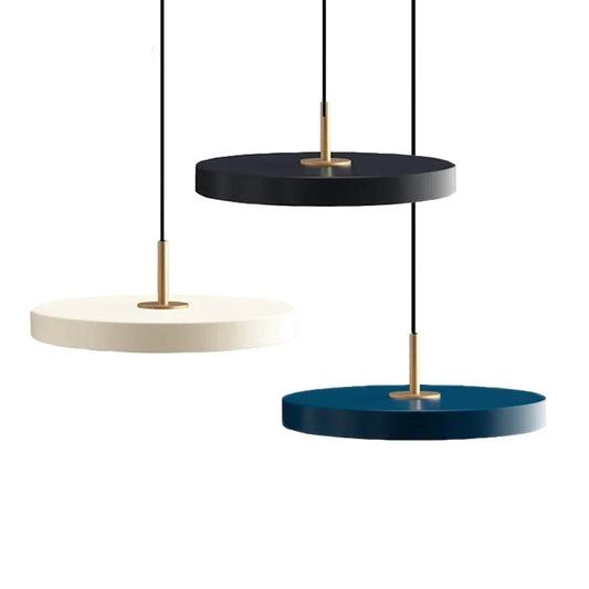 Piatto minimalast hanging pendant light shown in white, black and blue color options