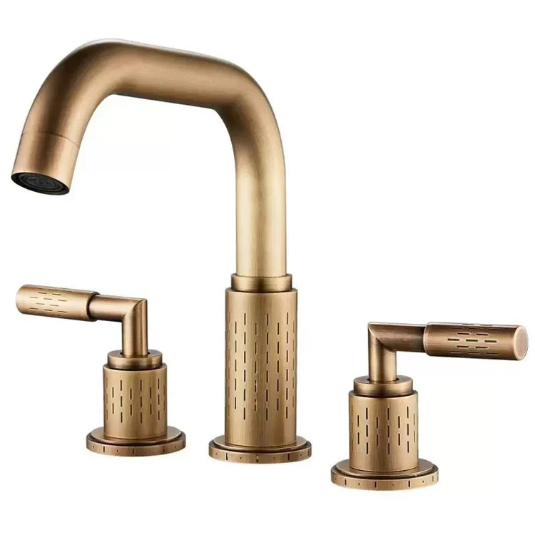 Contemporary gold bathroom sink faucet with squared angles, three hole widespread