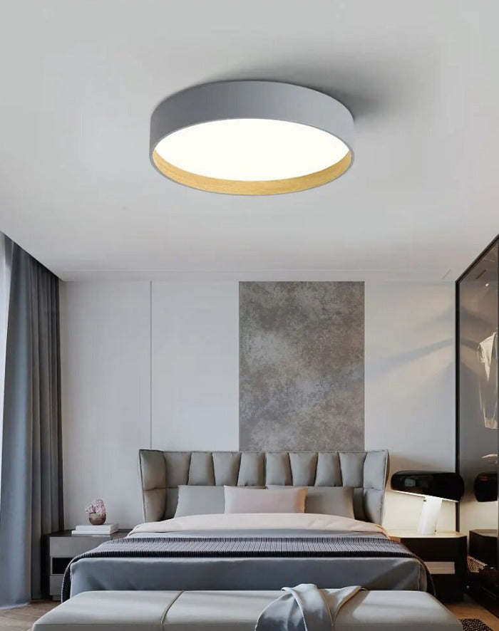 Modern minimalist ceiling light shown in gray finish