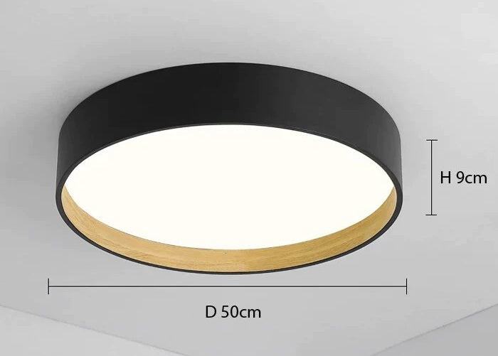 minimalist flush mount ceiling light shown with black finish 50cm diameter