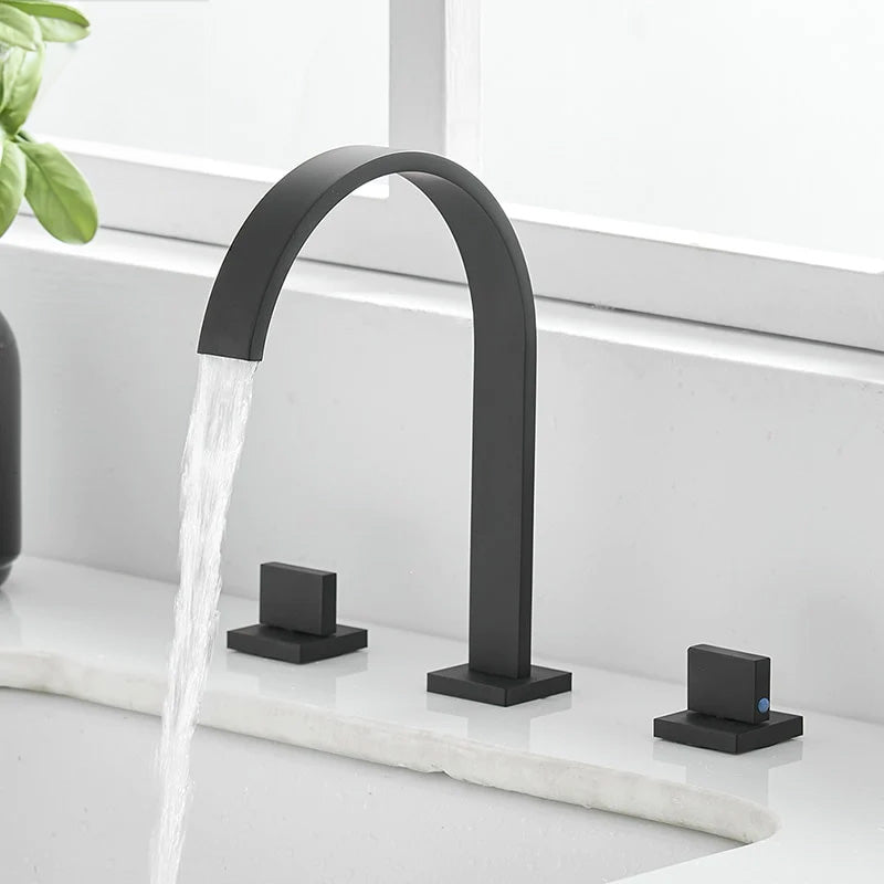 Black Contemporary widespread two handle gooseneck bathroom faucet 