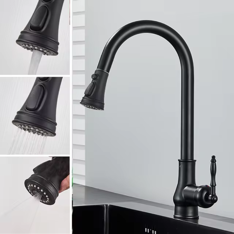 Black kitchen faucet with pull out sprayer with stream and shower spray option