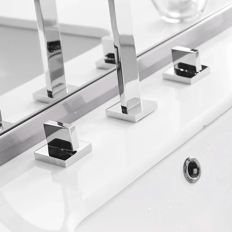 Close up view of Contemporary widespread two handle gooseneck bathroom faucet shown in chrome