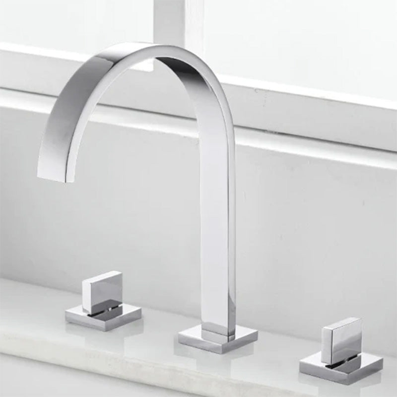 Contemporary widespread two handle gooseneck bathroom faucet shown in chrome with square handles