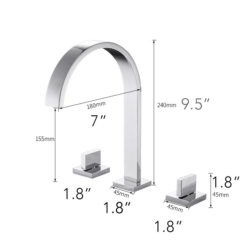 Dimensions of contemporary gooseneck bathroom faucet, widespread, 2 handles