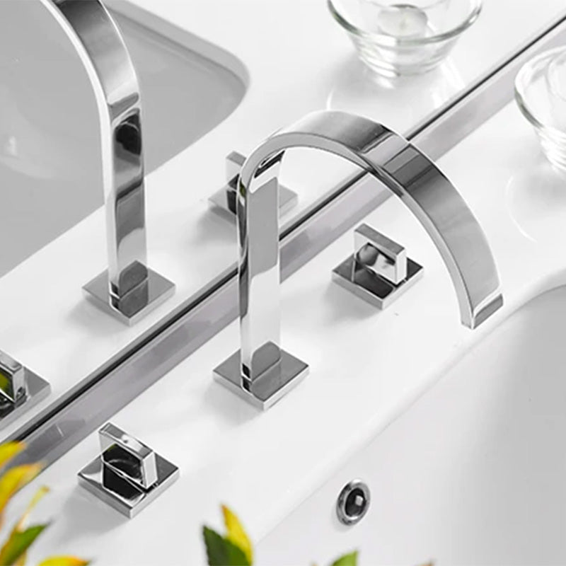 Contemporary widespread two handle gooseneck bathroom faucet shown in chrome
