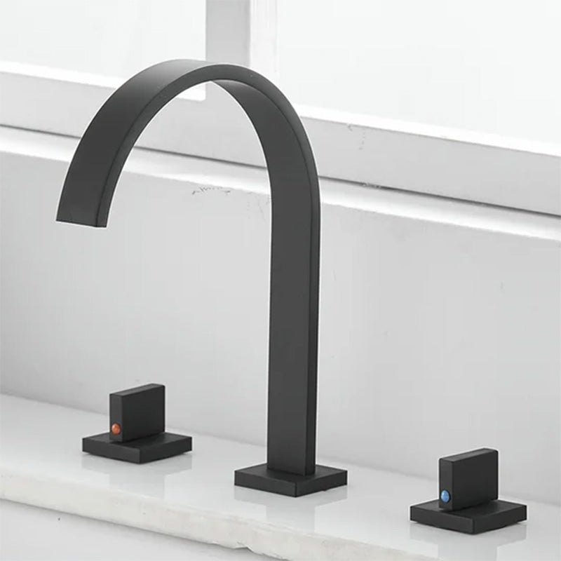 Contemporary widespread two handle gooseneck bathroom faucet shown in black