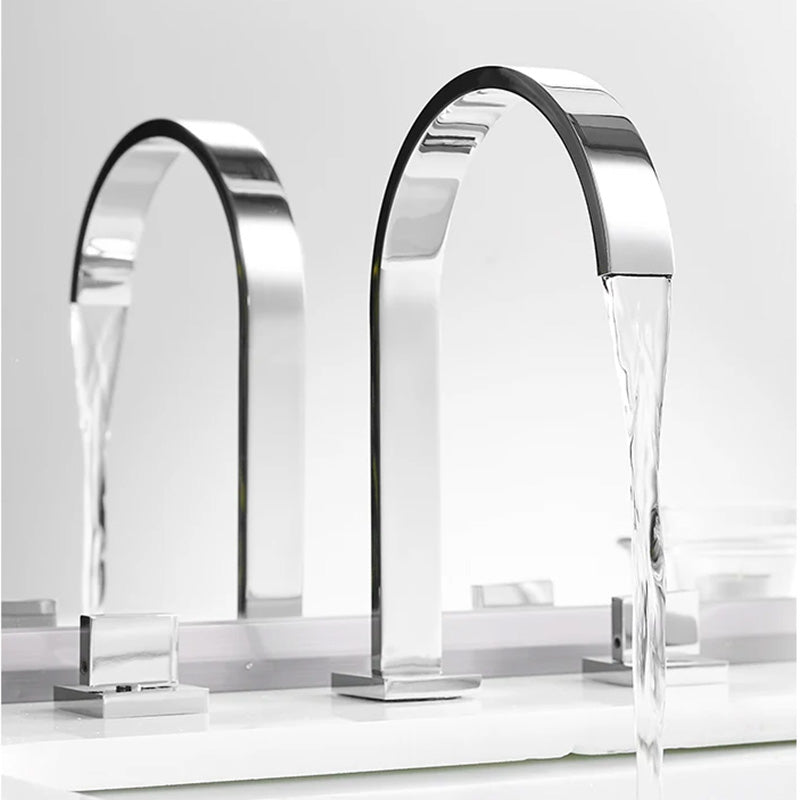 Contemporary widespread two handle gooseneck bathroom faucet shown in chrome